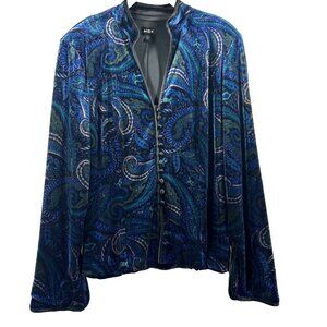 MSK Women's Jacket Large Velvet Blue Black‎ Long Sleeve Covered Buttons Lined